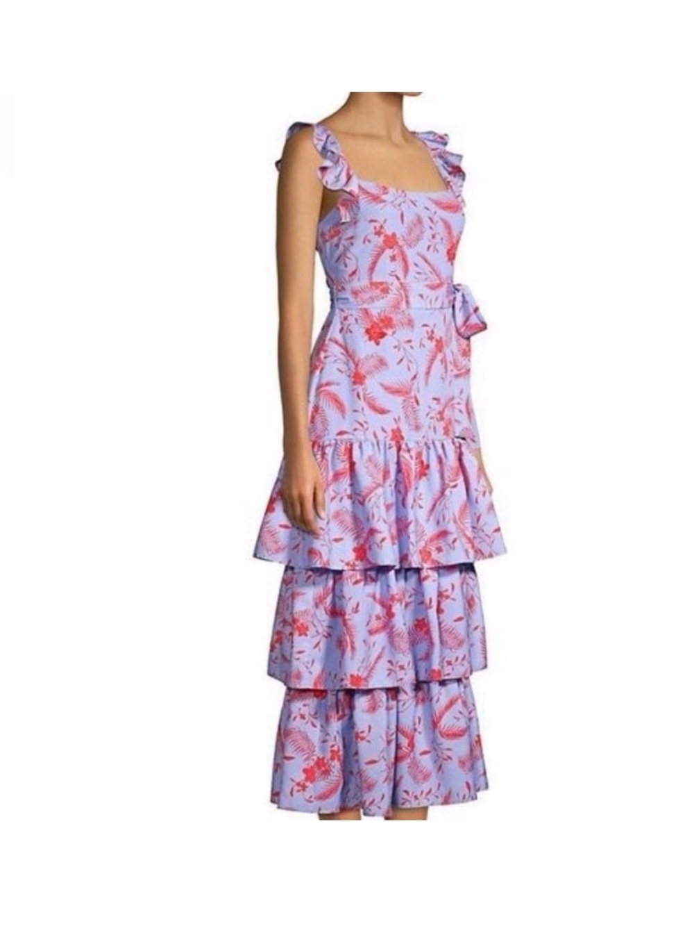 Likely Lavender Midi Dress with Red Floral Pattern and Ruffle Tiers